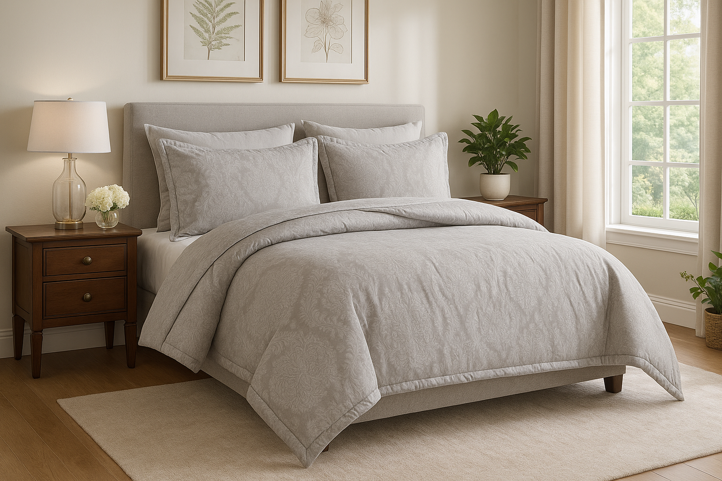 Sanyog - Silver Embossed Damask 4 in 1 Comforter & Bed Cover Set